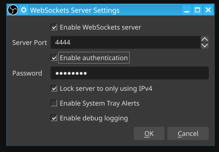 obs-websockets plugin settings